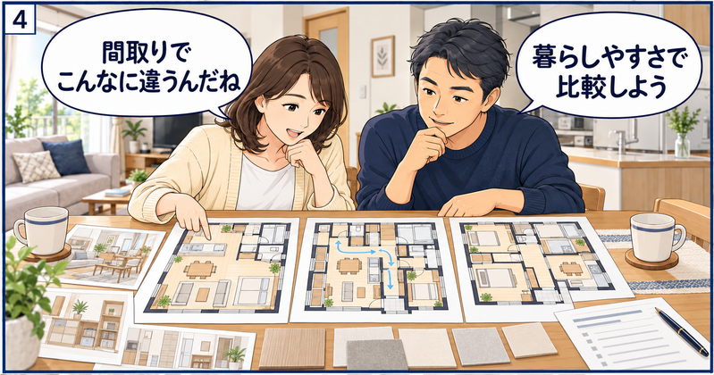 狭小住宅のリノベーションプラン3案を並べ、LDKの広さや収納、生活動線、既存部分の活用を比較する夫婦
