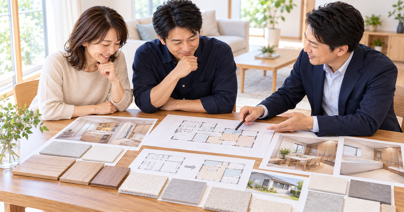 リノベーションの見積もりと工事範囲を住宅図面で確認する夫婦