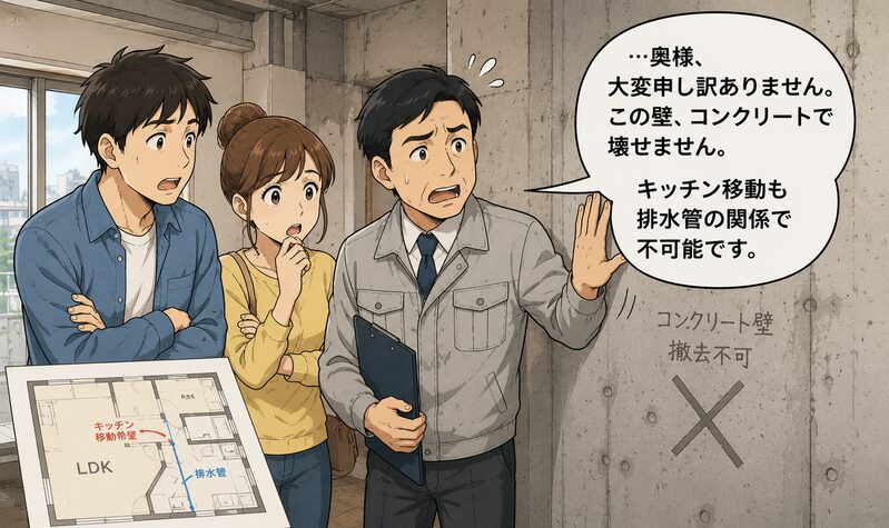 購入したマンションをリノベ会社と見に行き壁を叩きながら困惑する担当者