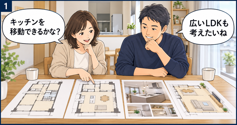 マンションの間取り図やキッチンの資料を見ながら、リノベーション後の暮らしを相談する夫婦