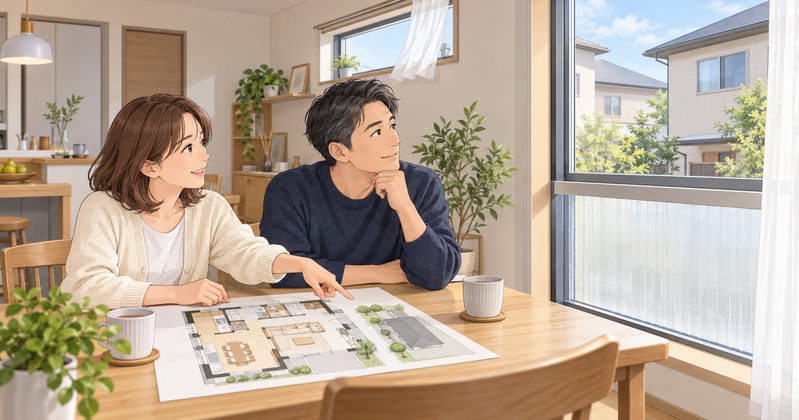 狭小住宅リノベで採光や風通しと隣家からの視線を考えながら窓の位置を確認する夫婦