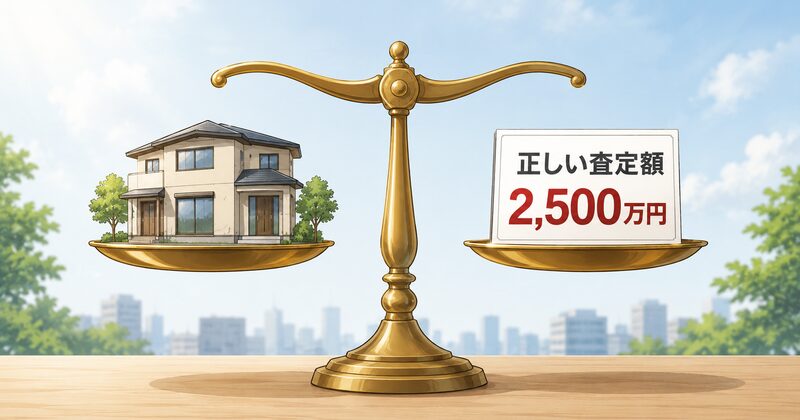 天秤の上で家と正しい査定額がバランスを保っているイラスト