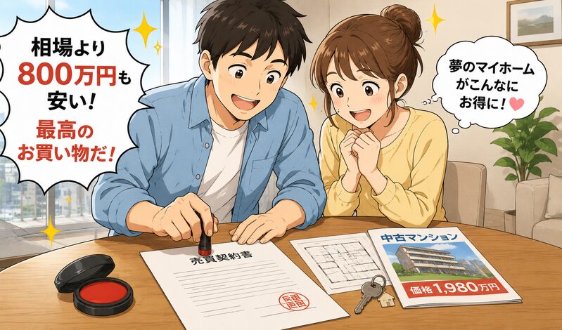 中古マンションを格安で購入できて大喜びで契約書にサインする新婚夫婦