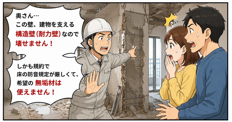 工事開始直後、解体工事で業者が青ざめる。「奥さん…この壁、建物を支える構造壁（耐力壁）なので壊せません！しかも規約で床の防音規定が厳しくて、希望の無垢材は使えません！」