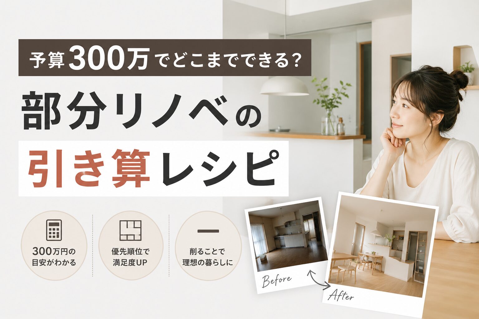 予算300万円の部分リノベーションで失敗しないための引き算レシピを解説するイメージ画像
