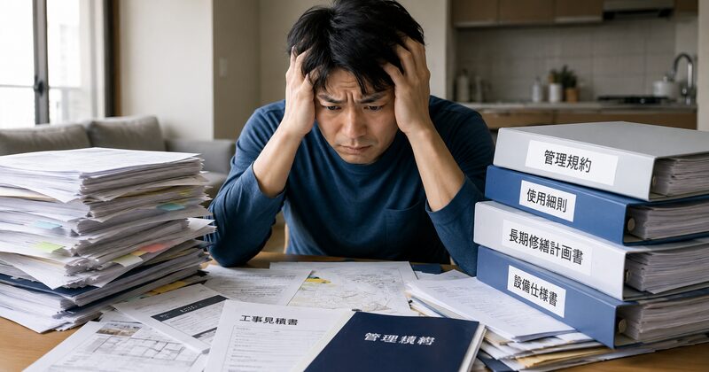 山積みの書類や管理規約のファイルを前にして途方に暮れる男性