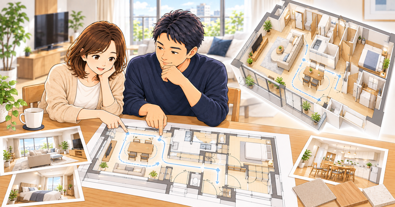 マンションリノベの間取り図に家具を配置して通路や生活動線を確認する夫婦
