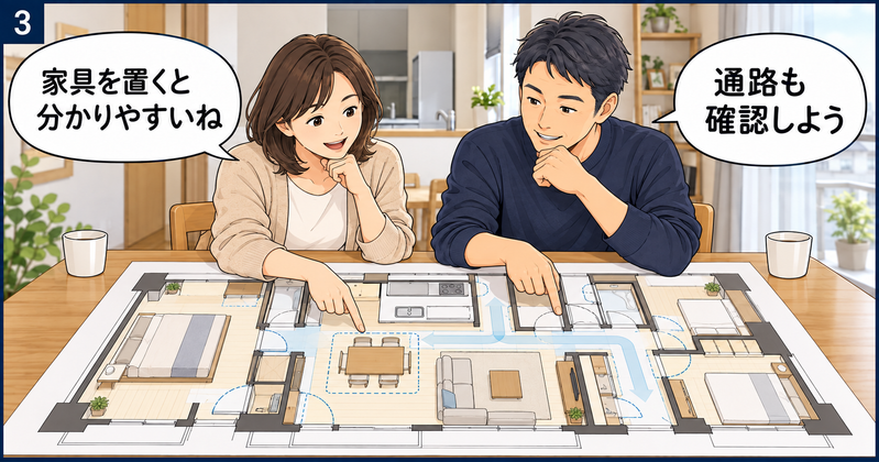 リノベーション後の間取り図に家具を配置し、椅子を引くスペースや通路、扉の開閉範囲を確認する夫婦
