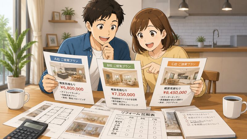 複数のリフォーム会社から提案を受け、笑顔で比較検討している安心した夫婦のイラスト