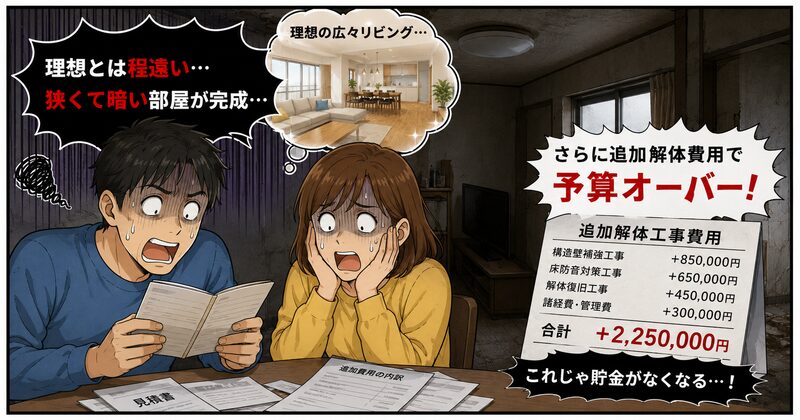 理想とは程遠い、狭くて暗い部屋が完成。さらに追加の解体費用で予算オーバー。通帳を見て白目をむく夫婦の姿。