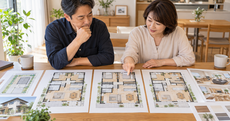 4人家族が子ども部屋の広さや共用収納が異なる3つの間取りプランを比較する様子