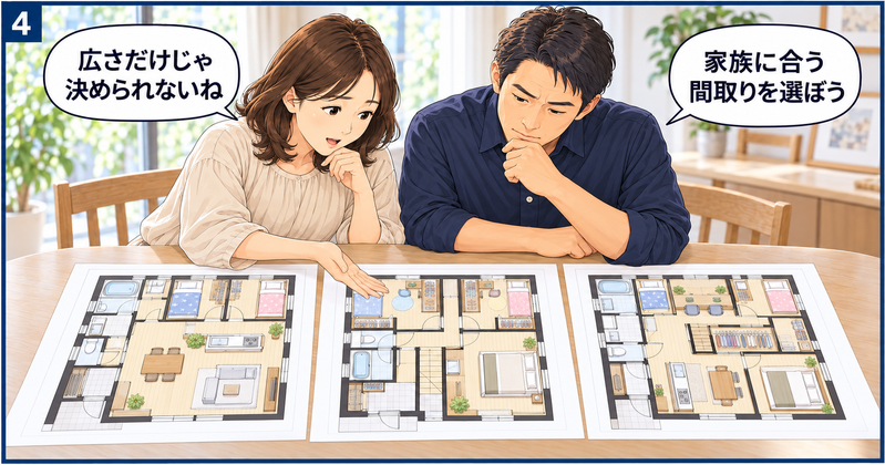3つの4人家族向け間取り図を並べ、子ども部屋の広さや共用収納、LDKの使い方を比較する夫婦