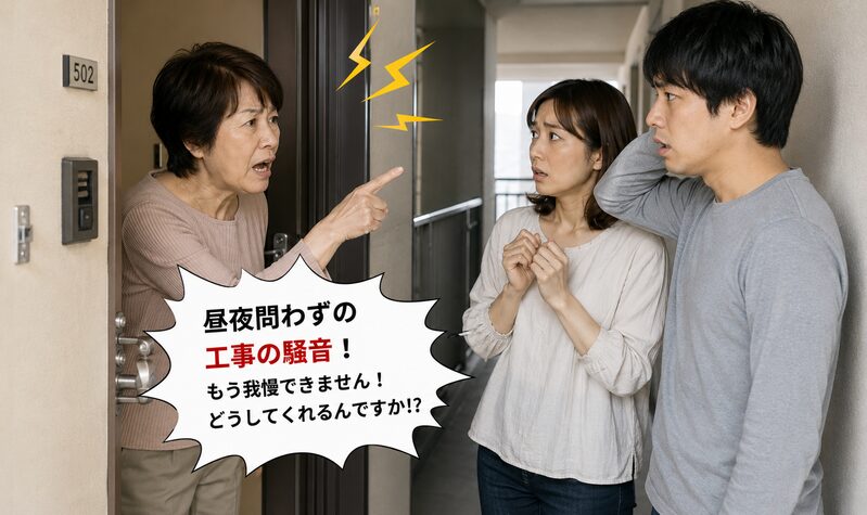 (代替テキスト（Alt）：騒音トラブルで怒った様子を見せる隣人住民のイメージ)