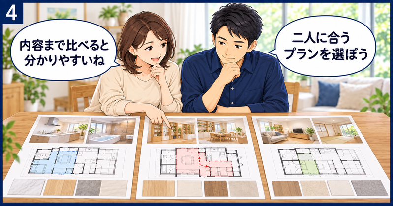 夫婦が3つのリノベーションプランの図面と写真を並べ、工事範囲や希望との合い方を比較する様子