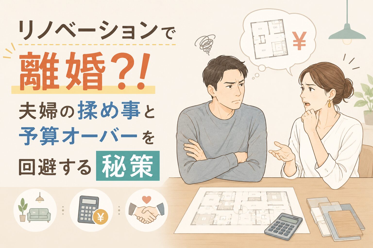 リノベーションの打ち合わせで、予算オーバーやこだわりを巡って険悪な雰囲気で話し合う夫婦のイラスト。