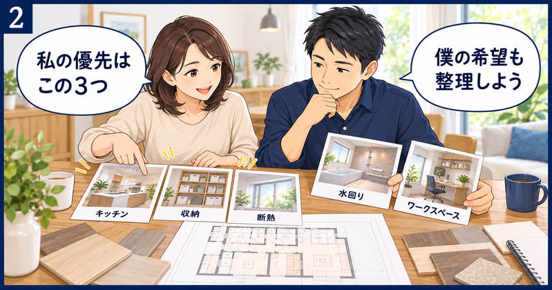 リノベーションの間取り図と設備の資料を並べ、夫婦それぞれの希望と優先順位を話し合う様子