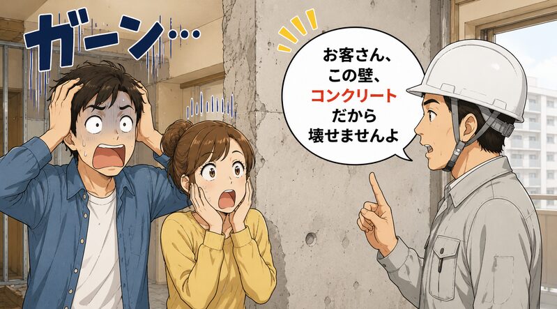 壁を壊そうとしたら、大工さんに「お客さん、この壁、コンクリートだから壊せませんよ」と言われ、ガーンとショックを受ける夫婦。