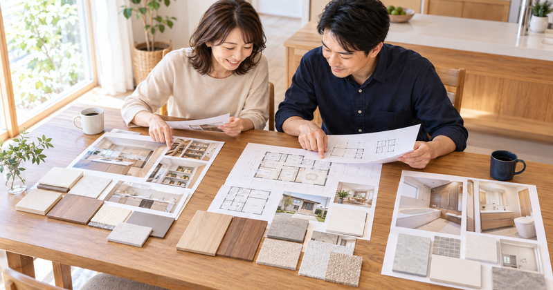 リノベーションの総予算と優先したい工事内容を夫婦で整理する様子