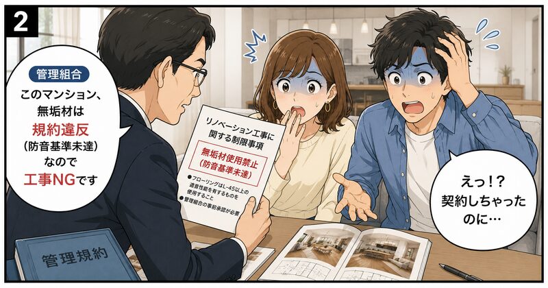 管理組合「このマンション、無垢材は規約違反(防音基準未達)なので工事NGです」夫婦「えっ!?契約しちゃったのに…」