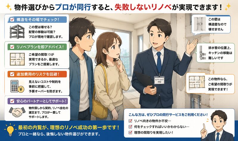 中古マンションの物件内覧にリノベーションのプロが同行してアドバイスをくれるイラスト