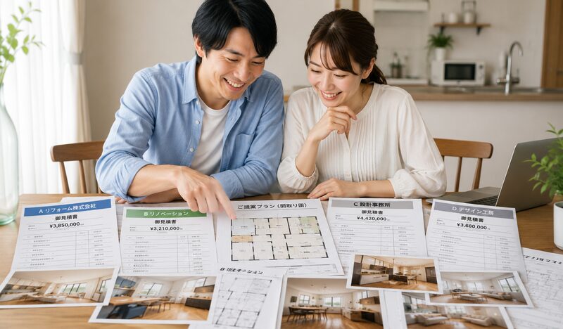 複数のリフォーム会社から届いた見積書や提案プランを机に並べて笑顔で比較する夫婦)