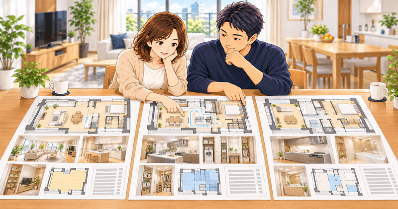 H2画像③【CTA前・最重要】|3つのリノベーション提案を比較する
配置場所:
H2「複数社を比較するときに確認したい6つのポイント」の後半、メインCTAの直前
今回の記事で最も重要な画像です。
詳しい画像プロンプト
同じ40〜50代の日本人夫婦が、自宅マンションの明るいダイニングテーブルで、同じマンションを前提にした3つのリノベーション提案を横に並べて比較している場面。
3つの提案には、それぞれ自然な違いを持たせます。
プラン1:
LDKを広めに確保し、開放感を重視した間取り。
プラン2:
収納と家事・生活動線を重視した間取り。
プラン3:
既存部分を活用しながら、必要な部分を中心に改修する間取り。
テーブルには、
- 3つの間取り図
- 3つの家具配置図
- キッチンなどの設備資料
- 収納計画
- 工事範囲が分かる資料
- 3社分をイメージした見積書
を配置します。
夫婦は「最安値はどこ?」と見ているのではなく、
間取り
家具配置
収納
水回り
工事範囲
見積もり内容
を冷静に比較している様子にします。
会社名・ロゴ・具体的な金額・細かな文章は画像内に入れません。
女性向けで清潔感のある、ネイビー・白・淡ベージュ中心の明るいデザイン。
WP用横長1200×630・文字なし
ALT【コピペ用】
マンションリノベで3社の間取りや家具配置と工事範囲や見積もりを比較する夫婦