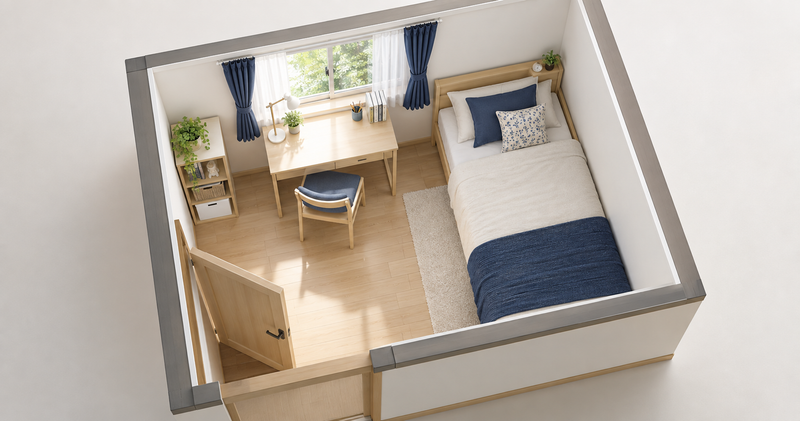 3畳の子ども部屋にベッドと机と椅子を配置したイメージ