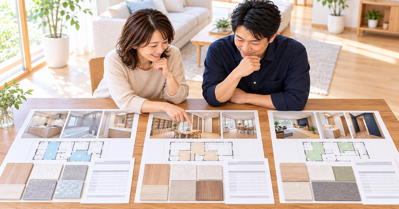 リノベーションで3社の見積もりや工事範囲と間取りプランを比較する夫婦