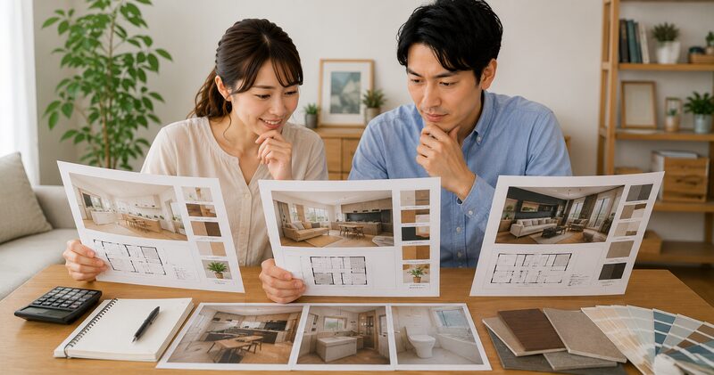 リフォーム会社の提案書を比較している夫婦