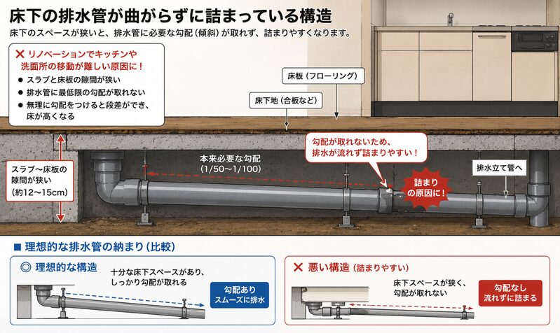 床下のスラブと床板の隙間が狭く排水管に傾斜がつけられない構造の解説図