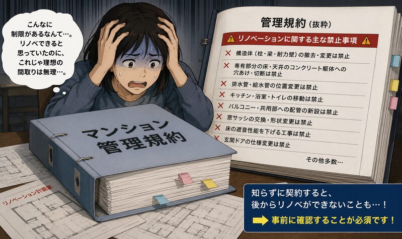 マンションの管理規約の禁止事項を読んでリノベーション工事が制限されることに絶望する人
