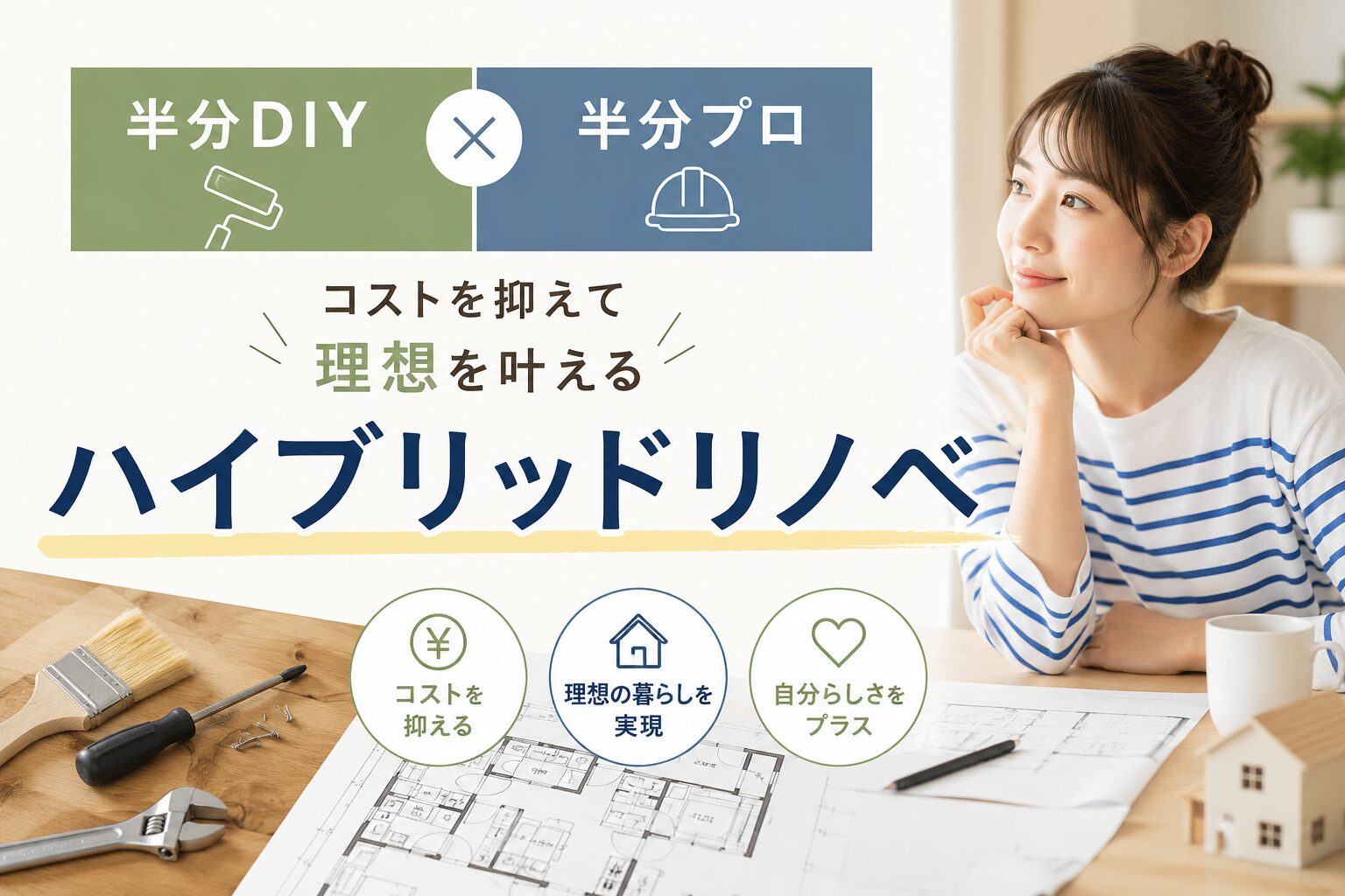 半分DIYと半分プロで仕上げるハイブリッドリノベーションのイメージ画像（工具と間取り図面）