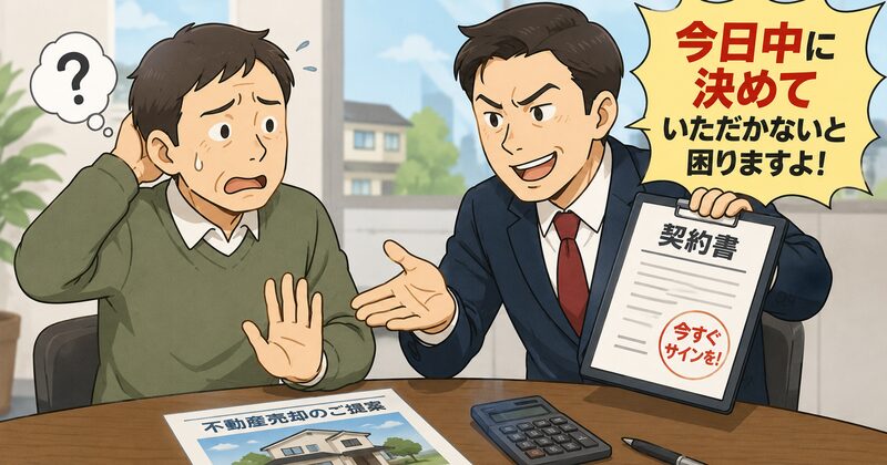 悪徳不動産営業マンに契約を迫られ困惑する売主のイラスト