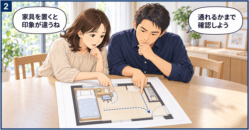 家具を配置した3畳の子ども部屋の間取り図で、椅子を引くスペースと入口までの通路を確認する夫婦