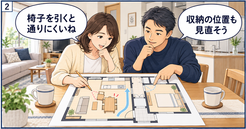 狭小住宅の間取り図に家具を配置し、椅子を引くスペースや通路、収納扉の開閉を確認する夫婦