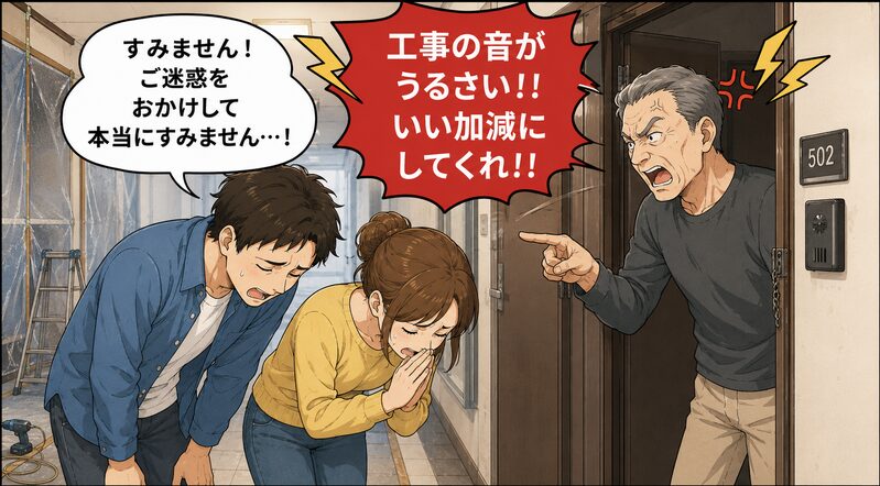 「工事の音がうるさい！」と激怒する頑固そうな隣の部屋の住民。平謝りする夫婦。