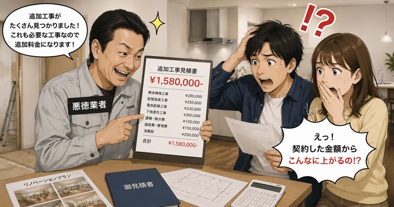 悪徳な業者や追加費用に驚く施主のイメージ。