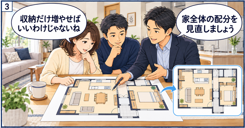 狭小住宅の図面を見ながら、リノベーション担当者と廊下・LDK・収納の配分や家具配置を見直す夫婦