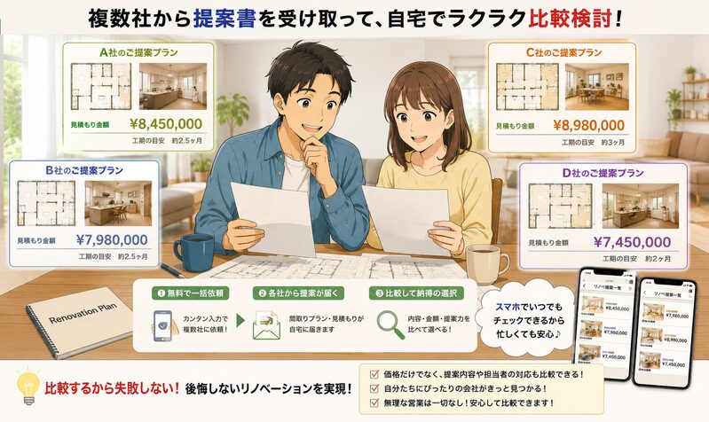 スマホで複数のリノベーション会社からプランと見積もりを受け取り笑顔で比較する夫婦