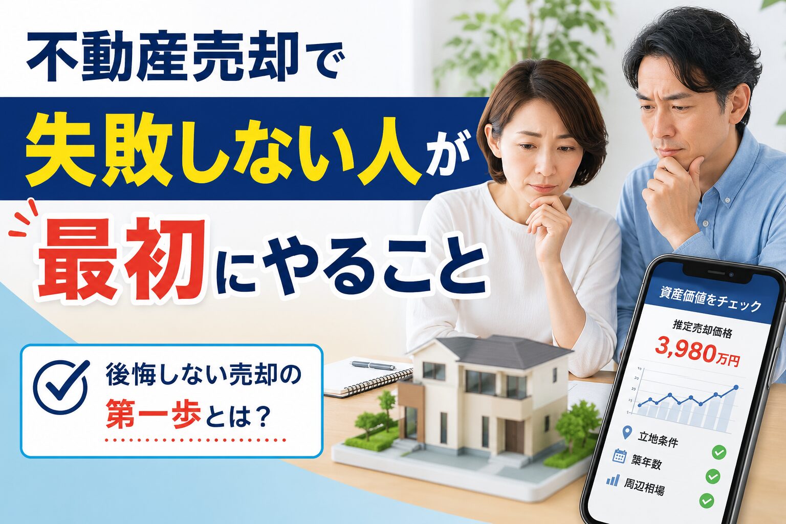 家の模型を見ながら売却について悩む40代夫婦と、資産価値を確認するスマートフォンのイメージ