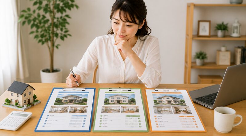 不動産売却計画の比較と分析をする主婦