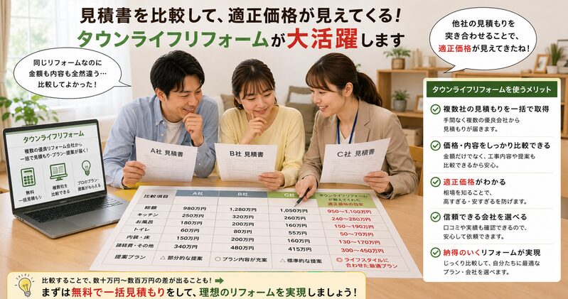 見積書を比較する画像。ここで「タウンライフリフォーム」が大活躍します。他社の見積もりを突き合わせることで、適正価格が見えてきます。
