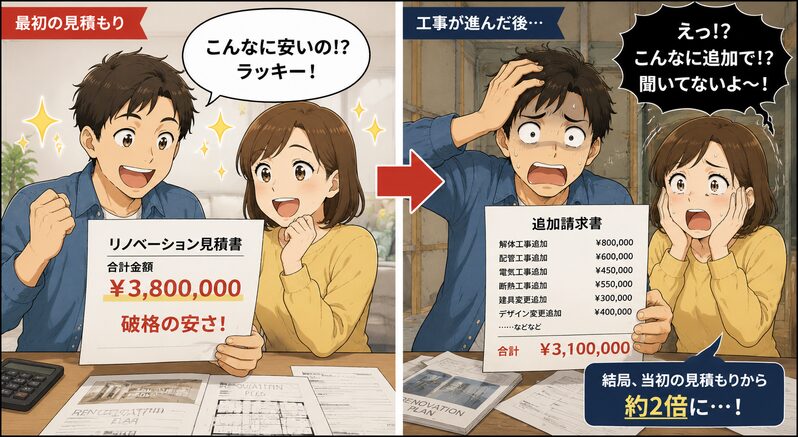 破格の安さの見積書を見て大喜びするが、後で追加料金を請求される夫婦のイラスト
