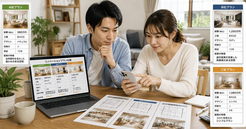 スマホやPCで複数のプランを冷静に比較している画像。