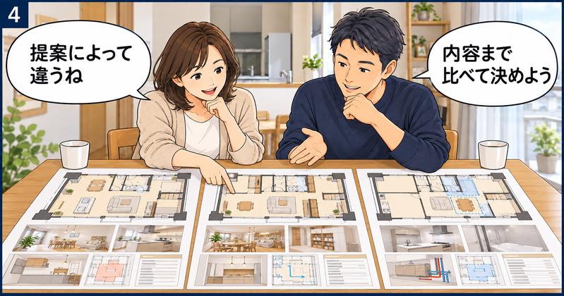 同じマンションの3つのリノベーションプランを並べ、間取り・家具配置・工事範囲・見積もりを比較する夫婦