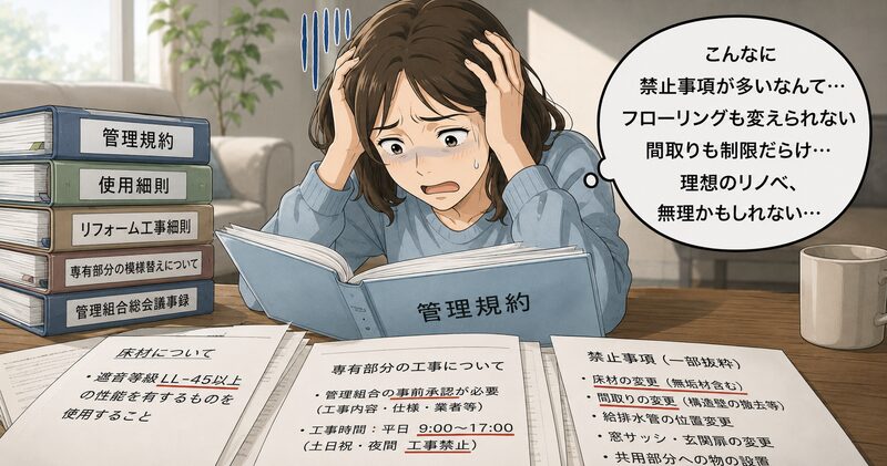 管理規約に絶望する人の画像。