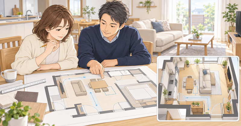 ### 詳しい画像プロンプト

40〜50代の日本人夫婦が、自宅の明るいダイニングテーブルで、**狭小住宅の間取り図と家具配置図を確認している場面**。

テーブルには、

- 狭小住宅の間取り図
- ソファ
- ダイニングテーブルと椅子
- テレビ
- ベッド
- 収納家具

を配置した家具レイアウト図を置きます。

夫婦は単に「家具が入るか」ではなく、

**椅子を後ろへ引けるか**

**家具の横を人が通れるか**

**収納扉を開けられるか**

**ドアと家具が干渉しないか**

まで確認しています。

画面の一部に、家具を配置したLDKの俯瞰イメージを入れても構いません。

極端に狭く見せず、**限られた面積だからこそ実寸で確認することが大切**と伝わる構成。

**WP用横長1200×630・文字なし**

### ALT【コピペ用】

`狭小住宅リノベで家具を配置した間取り図を見ながら生活動線を確認する夫婦`
