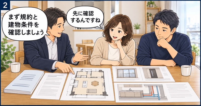 リノベーション担当者から、マンションの管理規約や工事申請、キッチンの配管など建物条件の説明を受ける夫婦