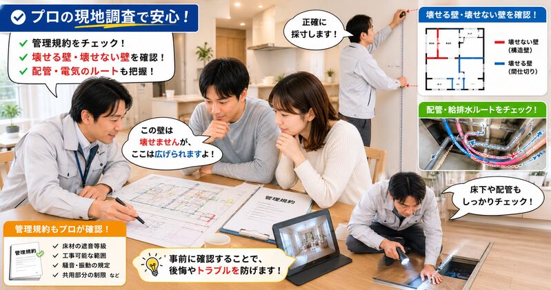現地調査(採寸)の画像。管理規約をプロに見てもらい、壊せる壁や配管のルートを確認してもらいます。